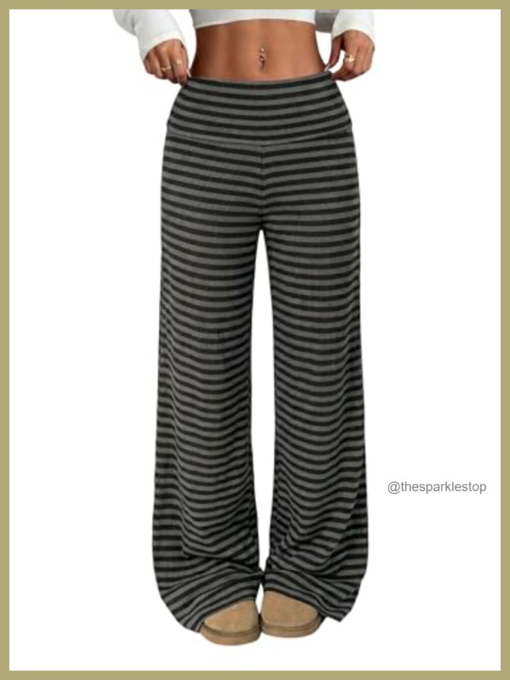 Striped Knit Wide Leg High Waisted Drawstring Waist Casual Lounge Trousers